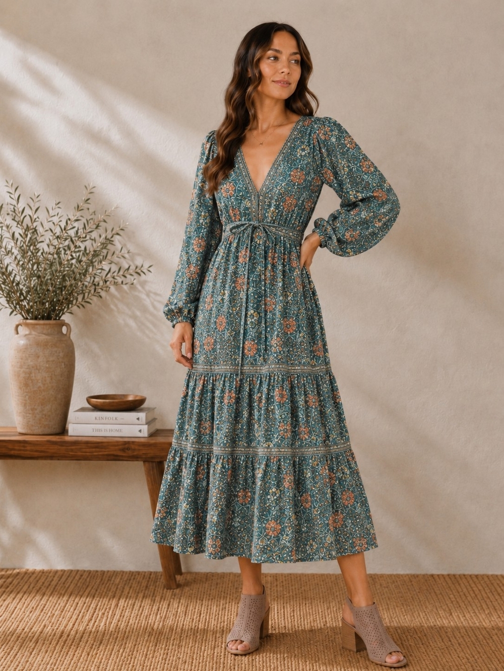 Max Studio Teal Floral V‑Neck Tiered Maxi Dress